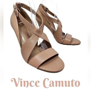 Vince Camuto Aleanna Cone Heels Sz 10M Beige Leather Open Toes Criss Cross Strap